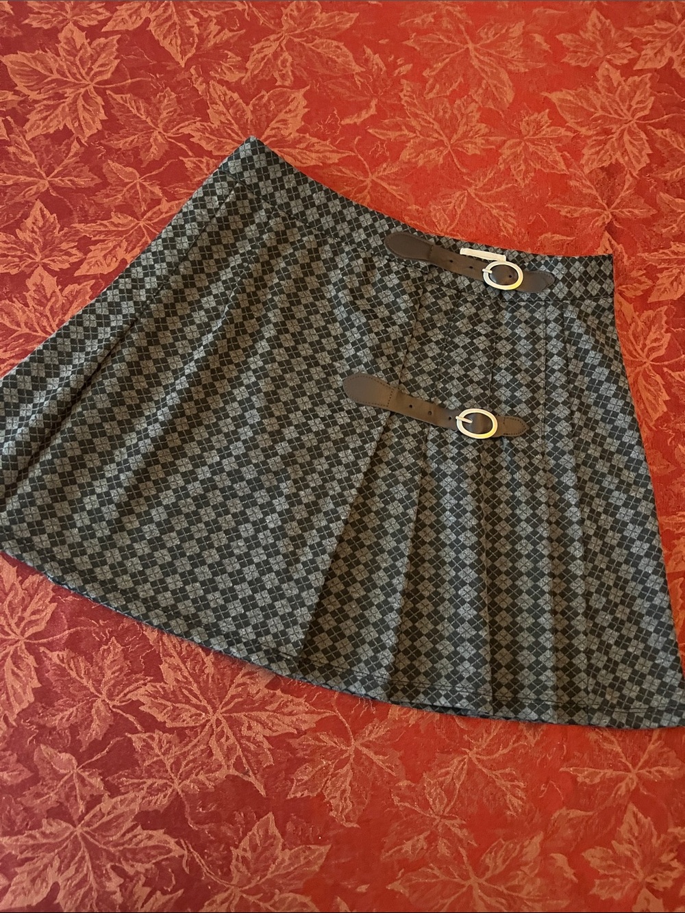 Classic Grey Patterned A-Line Adjustable Wrap Skirt with Buckle Detail M